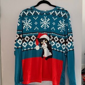 Men’s XL Teal & Red Holiday Cat Sweater Top